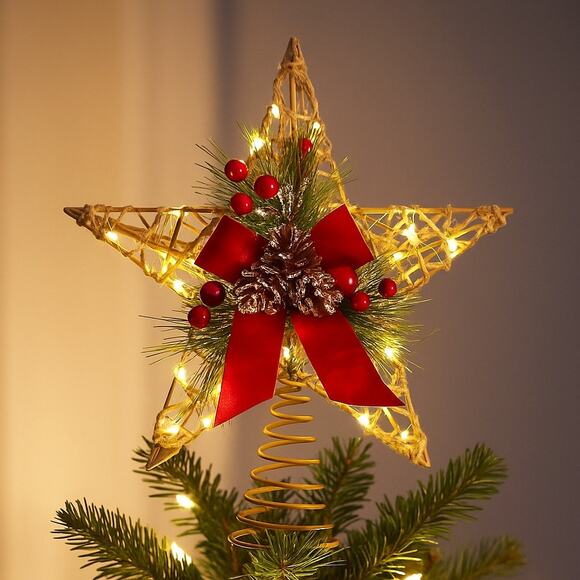 Woven Star Holly Berry Bow Lit Christmas Tree Topper 10" LED 5-Pt Holiday Red - Picture 2 of 10
